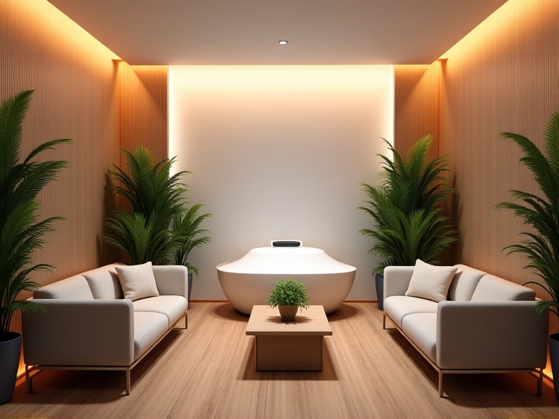 A serene float tank room with minimalist design, featuring soft ambient lighting, warm wooden floors, and neutral tones. The float tank is a sleek, white pod with a smooth surface, surrounded by natural plants and calming blue accents. The room includes a small seating area with comfortable chairs and a coffee table.